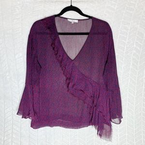 IRO Ruffle Top Blouse Sheer Bell Sleeve faux  Warp V-Neck Burgundy - L